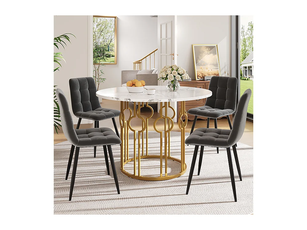 Ensemble table à manger 5 pièces 4 chaises table ronde 100cm pieds dorés plateau blanc chaises velours gris foncé