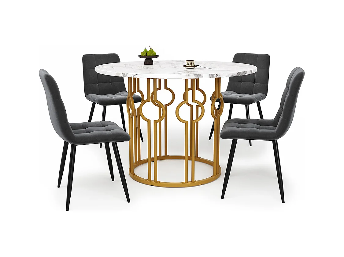 Ensemble table à manger 5 pièces 4 chaises table ronde 100cm pieds dorés plateau blanc chaises velours gris foncé