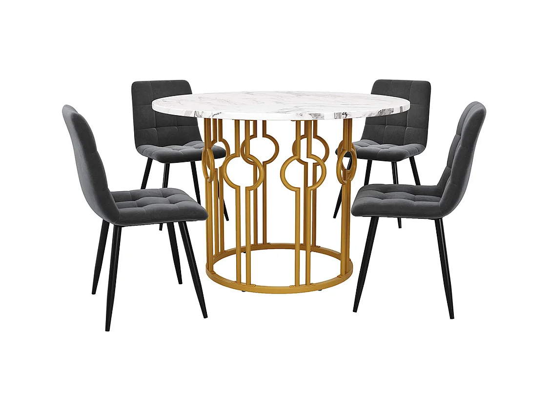 Ensemble table à manger 5 pièces 4 chaises table ronde 100cm pieds dorés plateau blanc chaises velours gris foncé