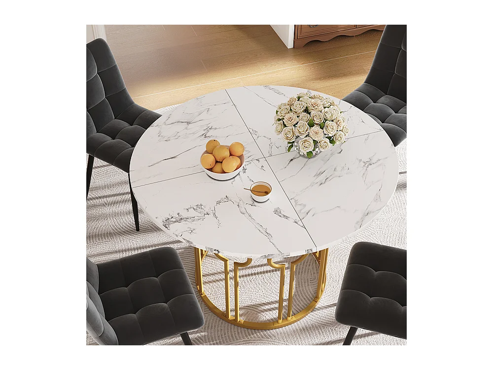 Ensemble table à manger 5 pièces 4 chaises table ronde 100cm pieds dorés plateau blanc chaises velours gris foncé