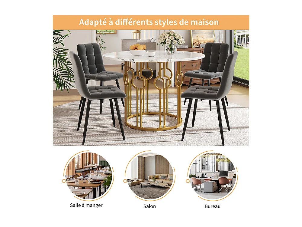 Ensemble table à manger 5 pièces 4 chaises table ronde 100cm pieds dorés plateau blanc chaises velours gris foncé