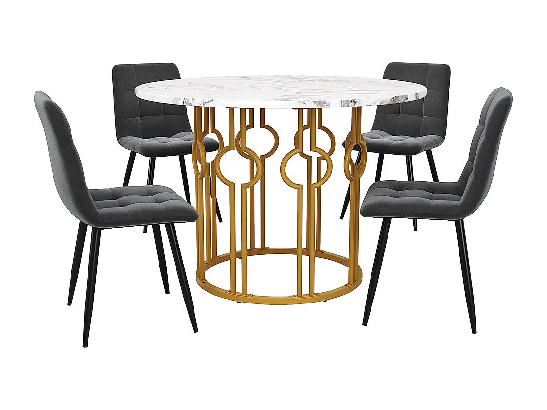 Ensemble table à manger 5 pièces 4 chaises table ronde 100cm pieds dorés plateau blanc chaises velours gris foncé