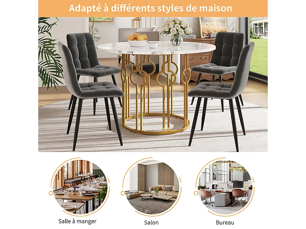 Ensemble table à manger 5 pièces 4 chaises table ronde 100cm pieds dorés plateau blanc chaises velours gris foncé