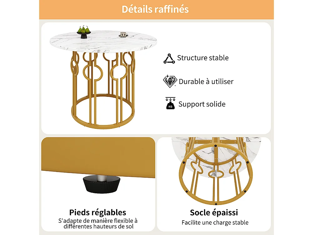 Ensemble table à manger 5 pièces 4 chaises table ronde 100cm pieds dorés plateau blanc chaises velours gris foncé