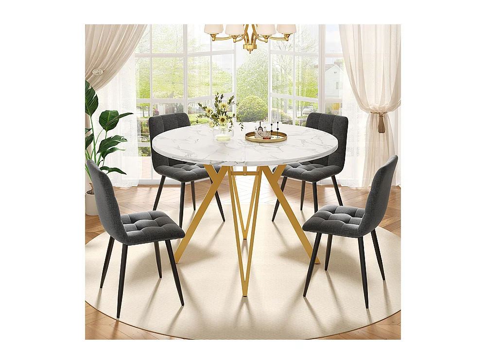 Ensemble table à manger 5 pièces 4 chaises moderne table ronde 100cm pieds dorés plateau marbré chaises gris