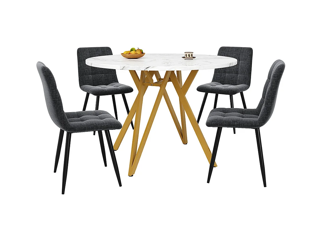 Ensemble table à manger 5 pièces 4 chaises moderne table ronde 100cm pieds dorés plateau marbré chaises gris