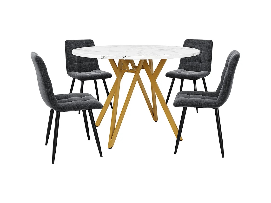 Ensemble table à manger 5 pièces 4 chaises moderne table ronde 100cm pieds dorés plateau marbré chaises gris