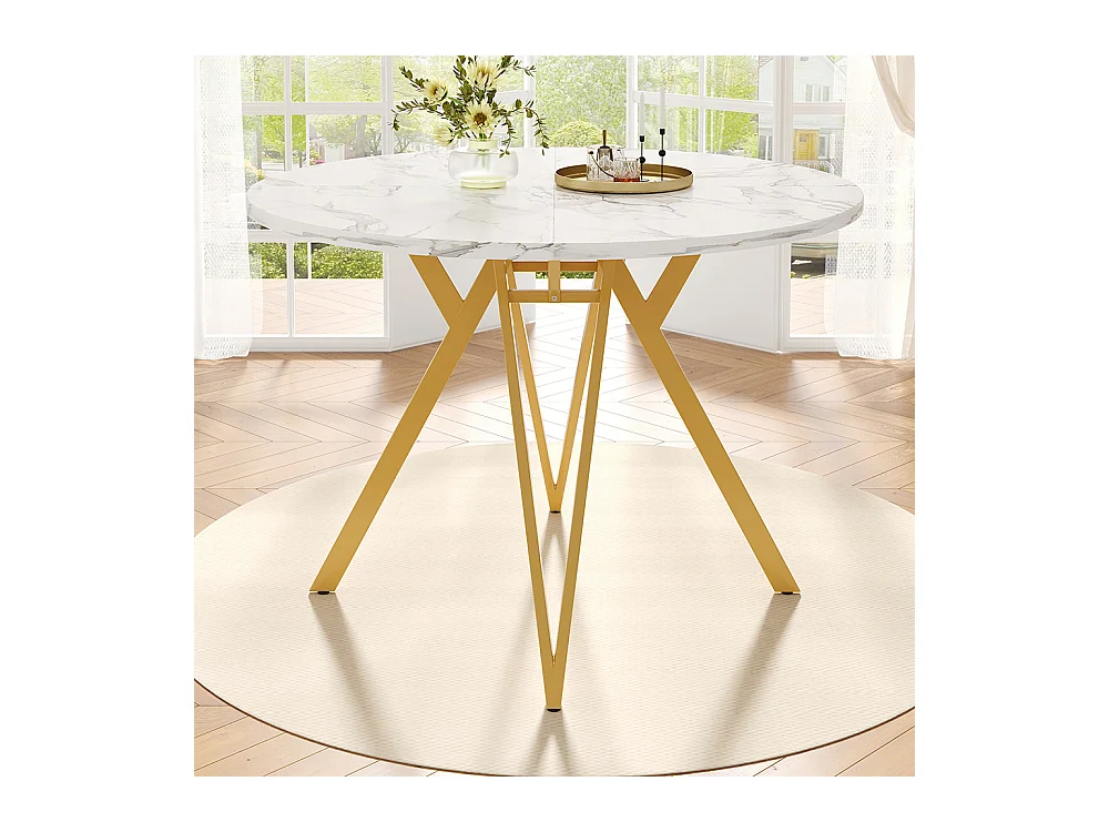 Ensemble table à manger 5 pièces 4 chaises moderne table ronde 100cm pieds dorés plateau marbré chaises gris