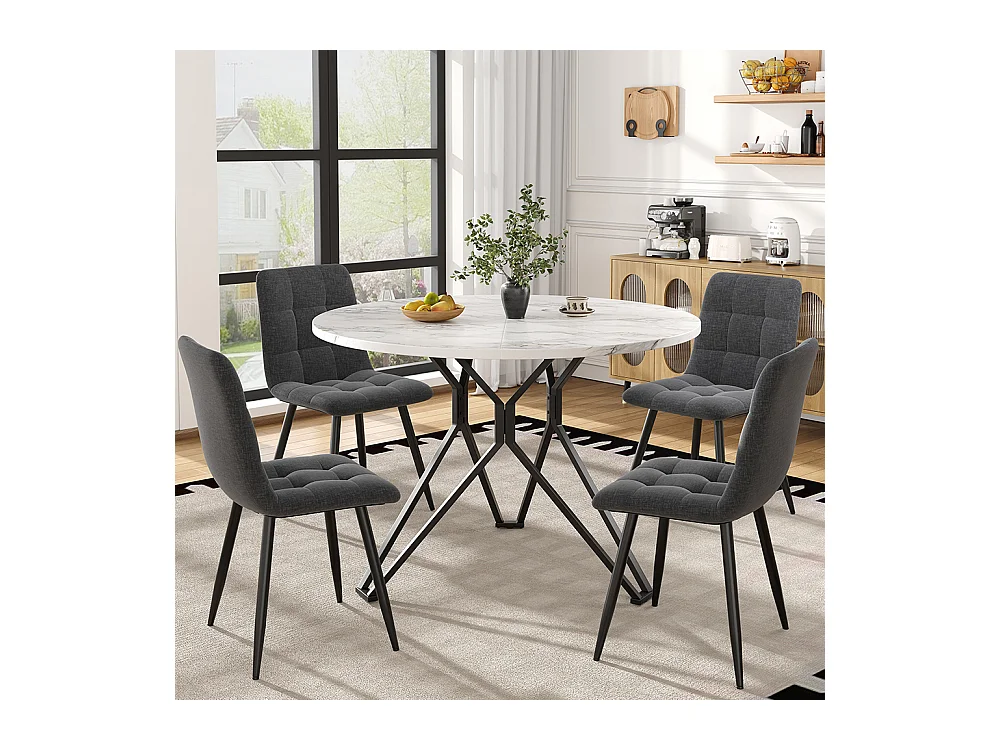 Ensemble table à manger 5 pièces 4 chaises moderne table ronde 100cm pieds noir plateau marbre MDF chaises velours gris