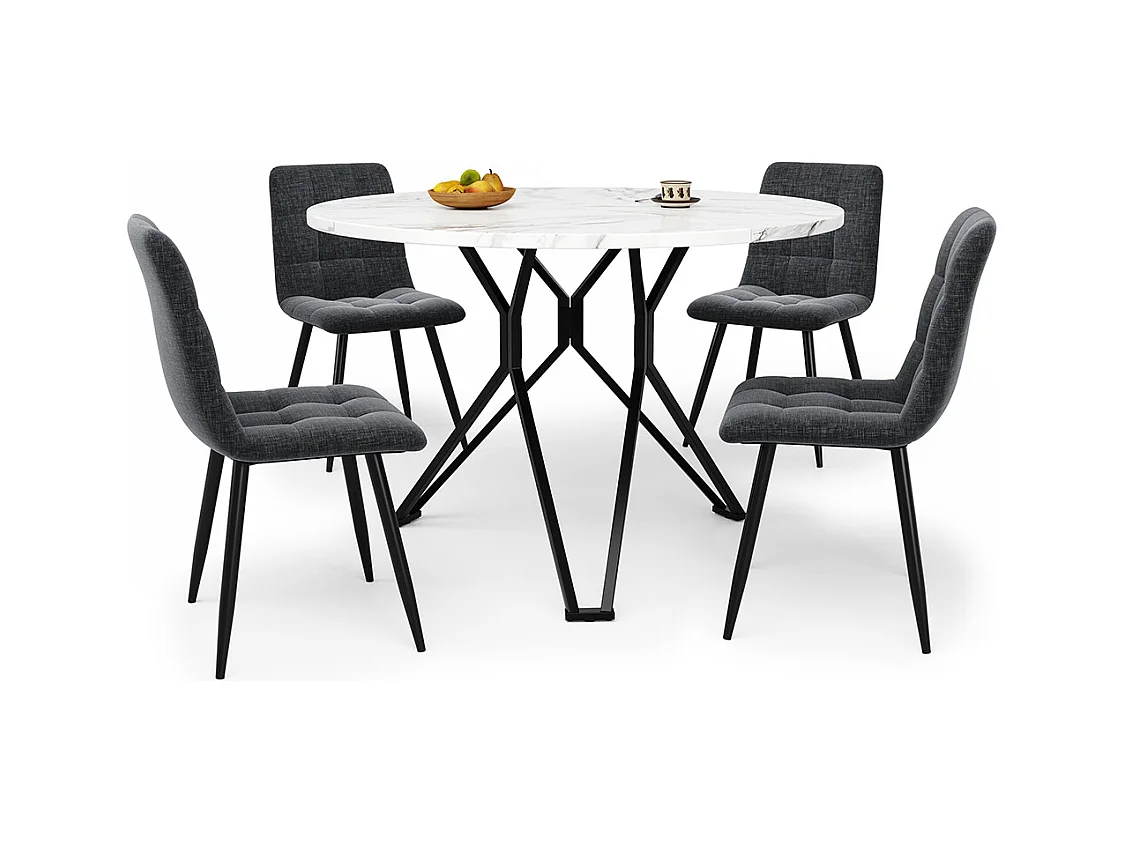 Ensemble table à manger 5 pièces 4 chaises moderne table ronde 100cm pieds noir plateau marbre MDF chaises velours gris