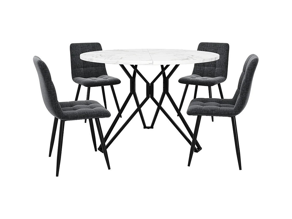 Ensemble table à manger 5 pièces 4 chaises moderne table ronde 100cm pieds noir plateau marbre MDF chaises velours gris