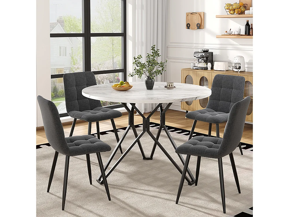 Ensemble table à manger 5 pièces 4 chaises moderne table ronde 100cm pieds noir plateau marbre MDF chaises velours gris