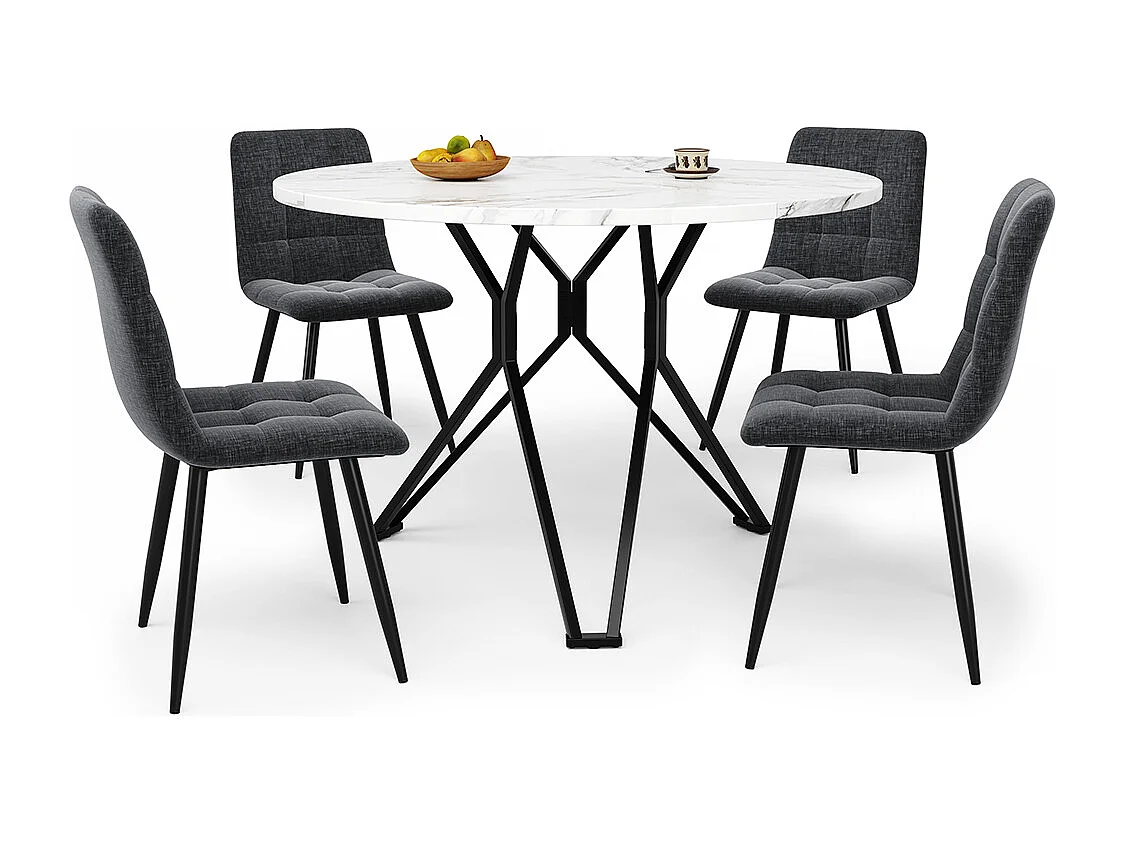 Ensemble table à manger 5 pièces 4 chaises moderne table ronde 100cm pieds noir plateau marbre MDF chaises velours gris