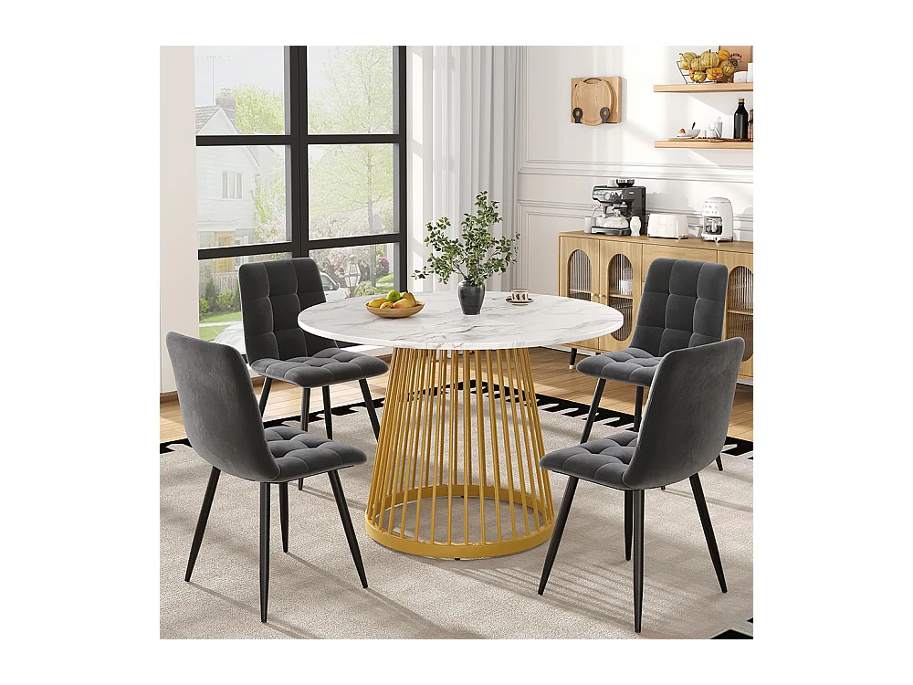 Ensemble salle à manger 5 pièces 4 chaises moderne table ronde 80cm pieds dorés plateau MDF blanc chaises velours gris foncé