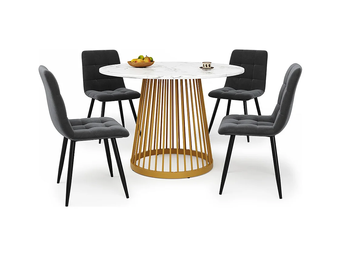 Ensemble salle à manger 5 pièces 4 chaises moderne table ronde 80cm pieds dorés plateau MDF blanc chaises velours gris foncé