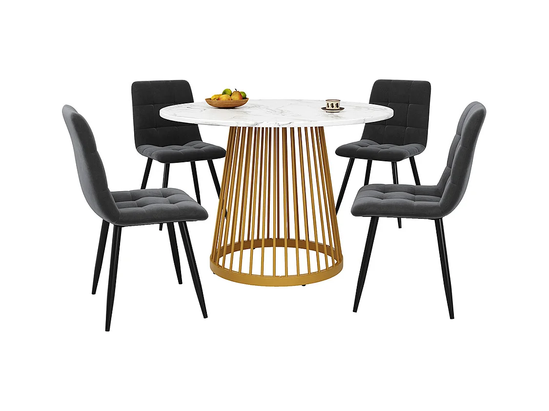 Ensemble salle à manger 5 pièces 4 chaises moderne table ronde 80cm pieds dorés plateau MDF blanc chaises velours gris foncé