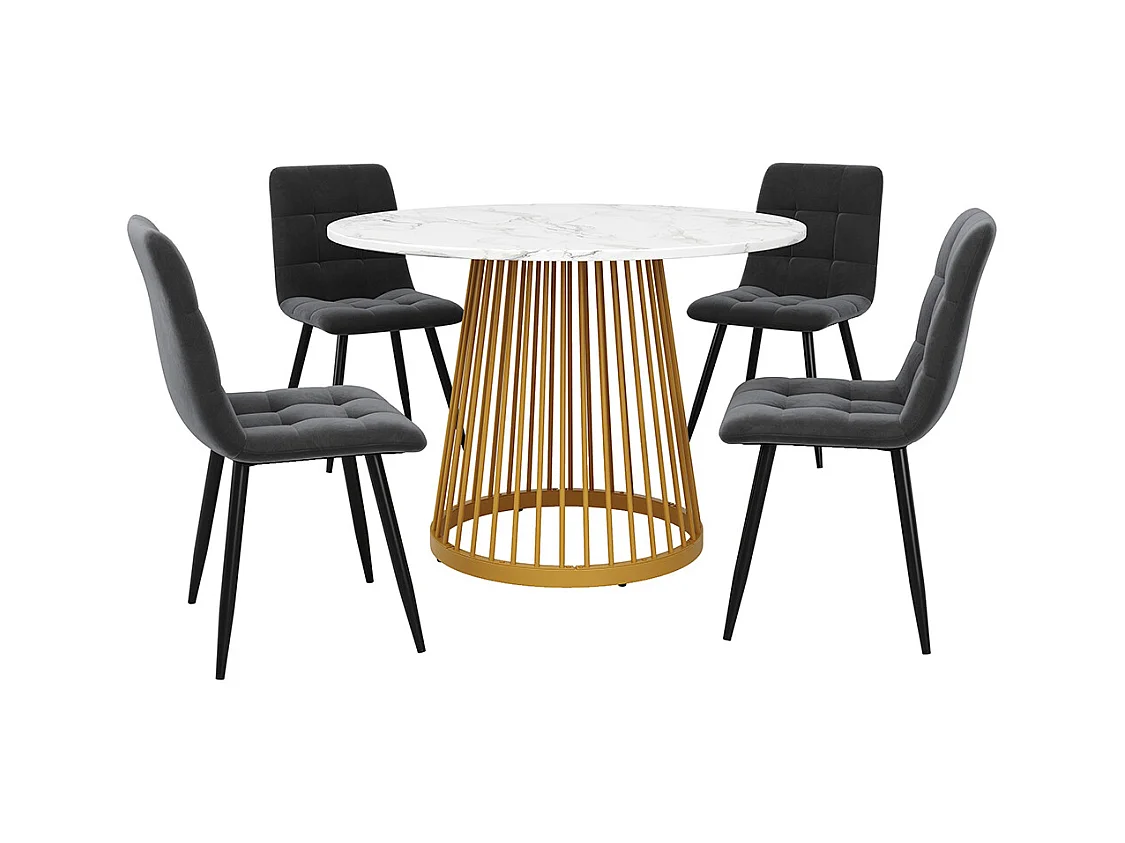 Ensemble salle à manger 5 pièces 4 chaises moderne table ronde 80cm pieds dorés plateau MDF blanc chaises velours gris foncé