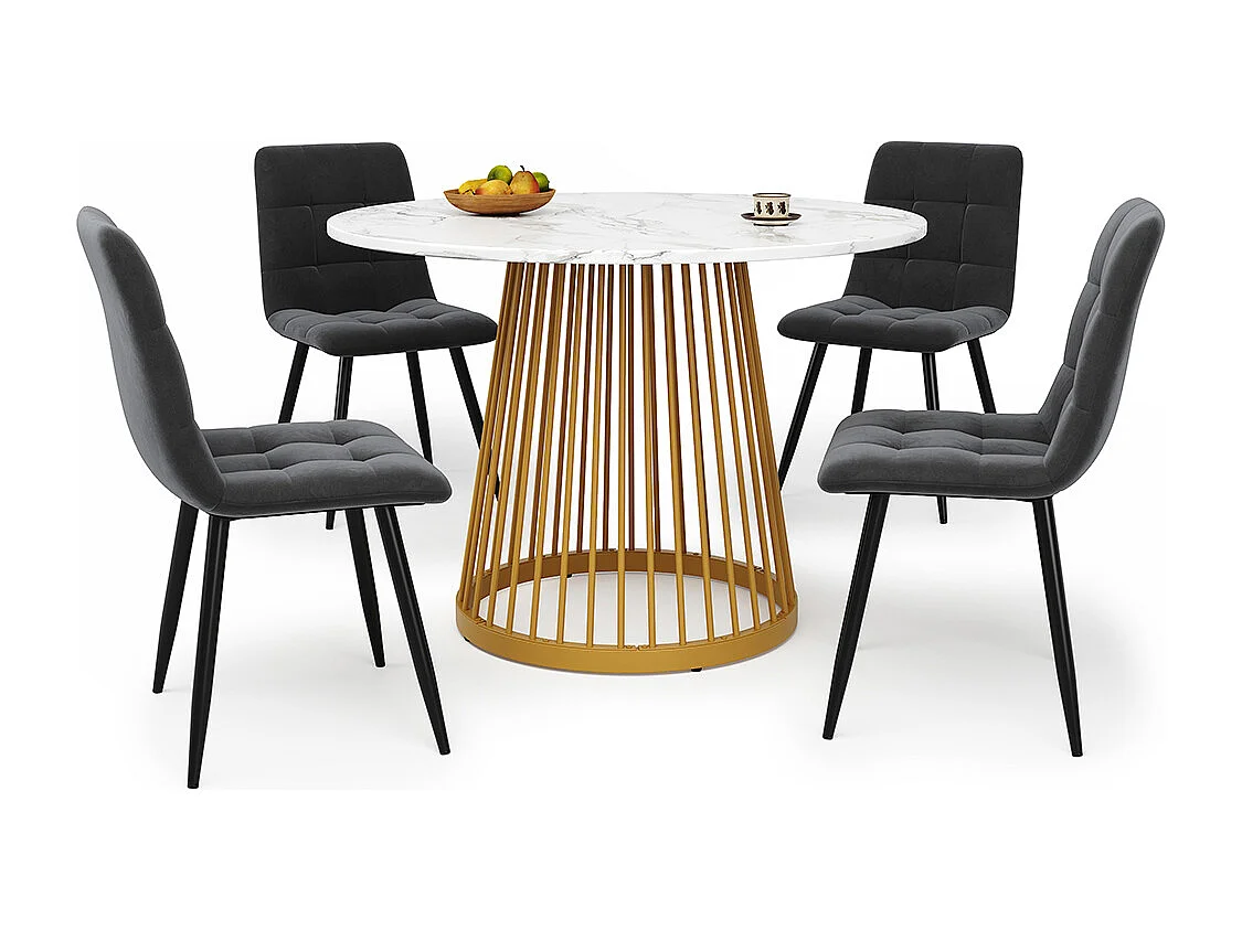 Ensemble salle à manger 5 pièces 4 chaises moderne table ronde 80cm pieds dorés plateau MDF blanc chaises velours gris foncé