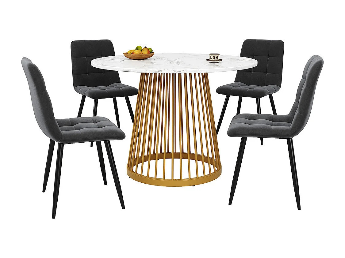 Ensemble salle à manger 5 pièces 4 chaises moderne table ronde 80cm pieds dorés plateau MDF blanc chaises velours gris foncé