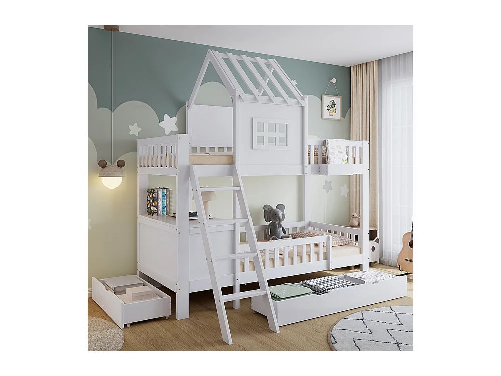 Lit superposé enfant 90x200 deux tiroirs roulettes toit fenêtre table lecture panier rangement pin MDF contreplaqué blanc