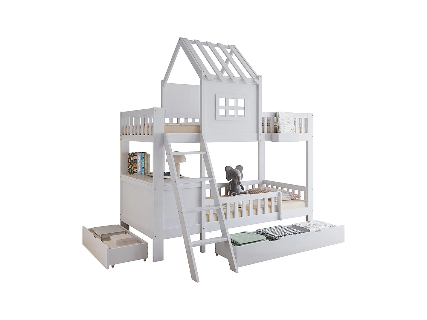 Lit superposé enfant 90x200 deux tiroirs roulettes toit fenêtre table lecture panier rangement pin MDF contreplaqué blanc