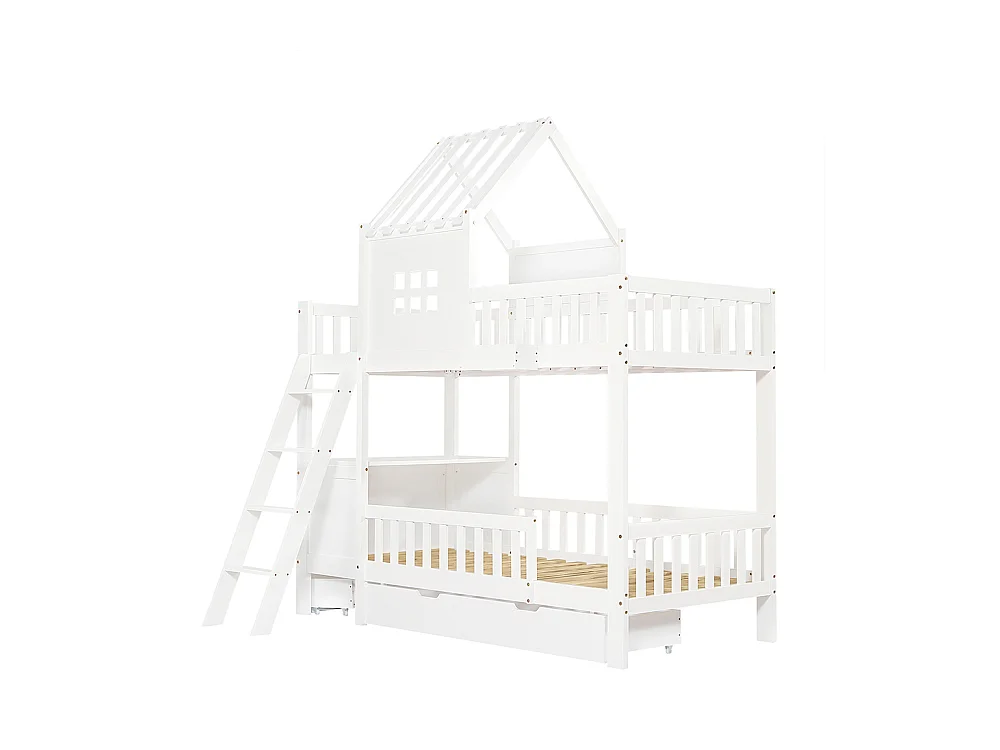Lit superposé enfant 90x200 deux tiroirs roulettes toit fenêtre table lecture panier rangement pin MDF contreplaqué blanc