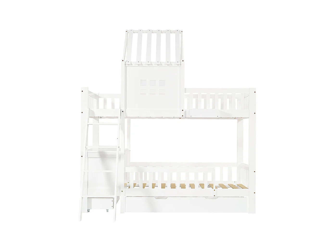 Lit superposé enfant 90x200 deux tiroirs roulettes toit fenêtre table lecture panier rangement pin MDF contreplaqué blanc