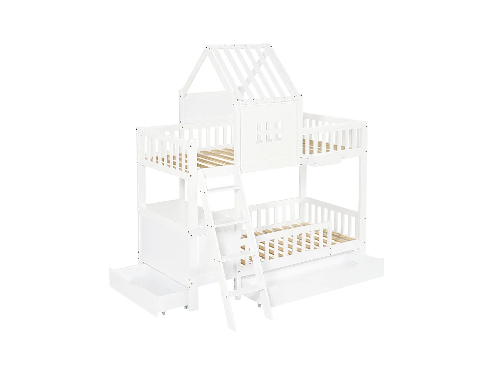 Lit superposé enfant 90x200 deux tiroirs roulettes toit fenêtre table lecture panier rangement pin MDF contreplaqué blanc
