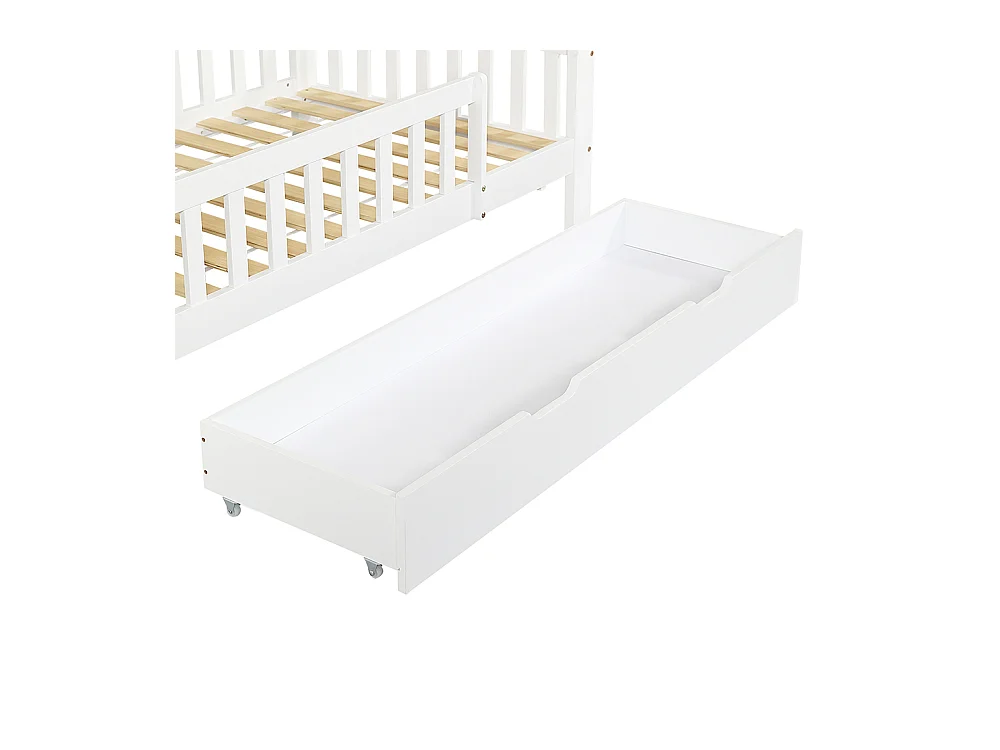 Lit superposé enfant 90x200 deux tiroirs roulettes toit fenêtre table lecture panier rangement pin MDF contreplaqué blanc