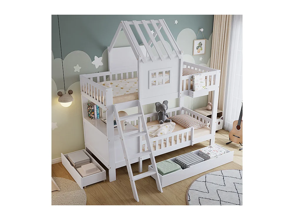 Lit superposé enfant 90x200 deux tiroirs roulettes toit fenêtre table lecture panier rangement pin MDF contreplaqué blanc