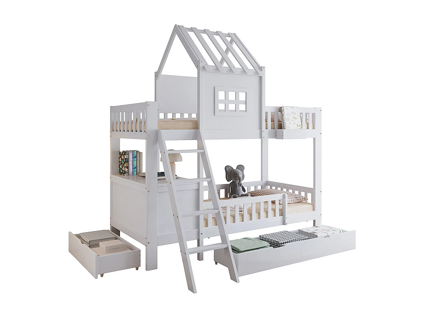 Lit superposé enfant 90x200 deux tiroirs roulettes toit fenêtre table lecture panier rangement pin MDF contreplaqué blanc
