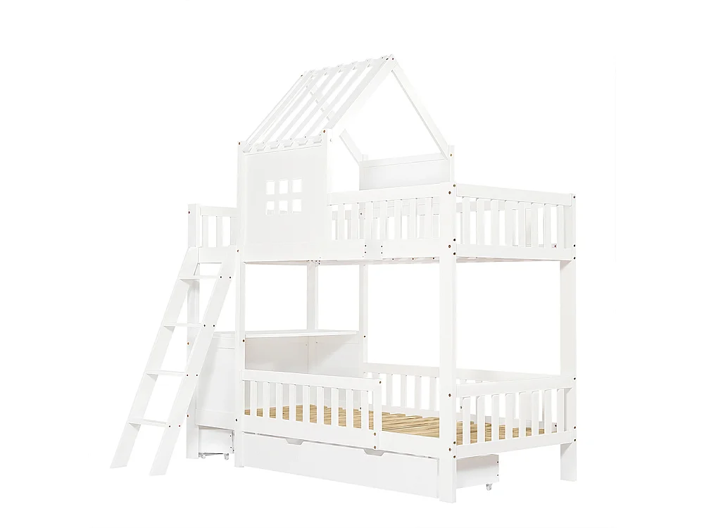 Lit superposé enfant 90x200 deux tiroirs roulettes toit fenêtre table lecture panier rangement pin MDF contreplaqué blanc