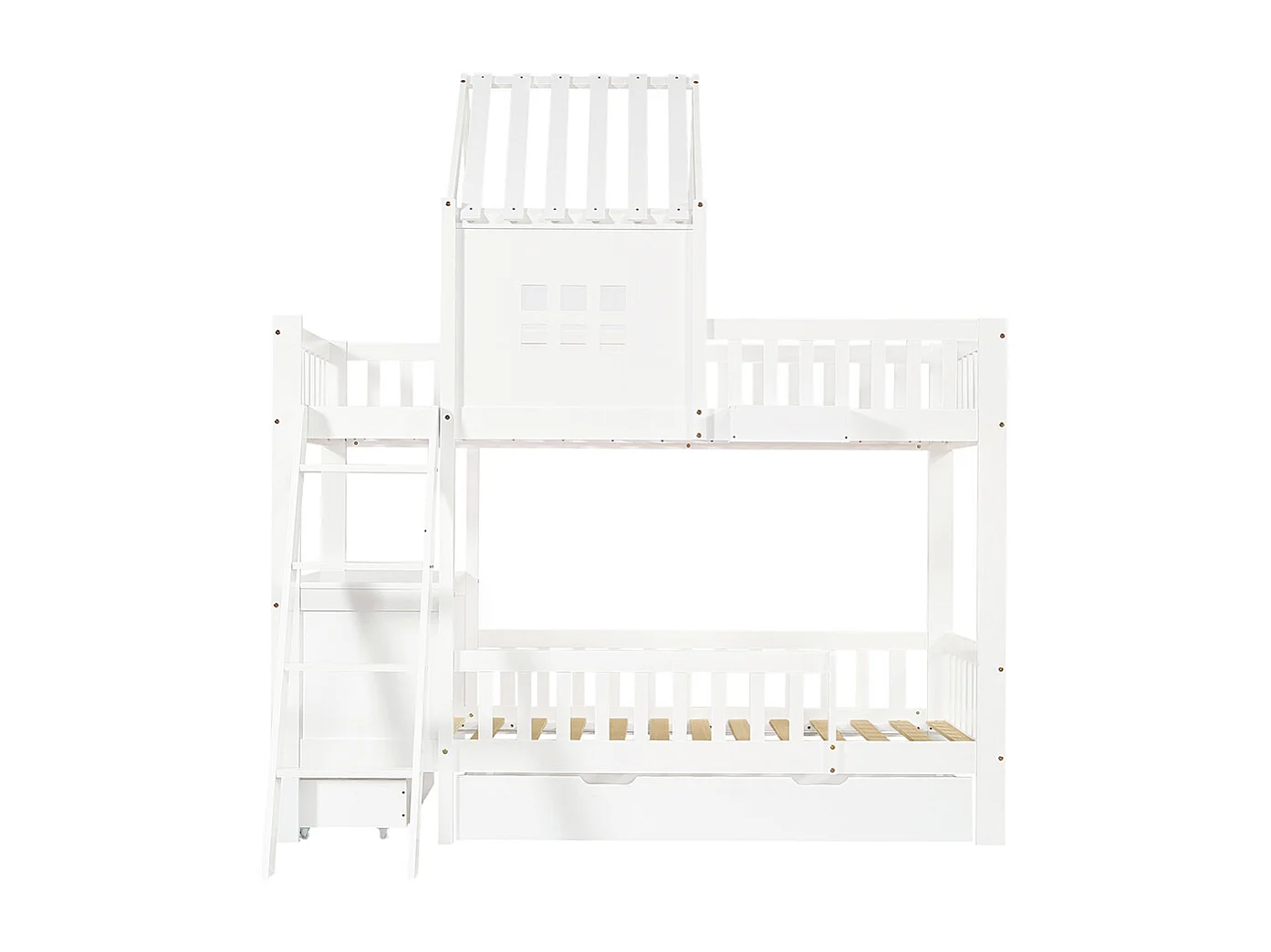 Lit superposé enfant 90x200 deux tiroirs roulettes toit fenêtre table lecture panier rangement pin MDF contreplaqué blanc