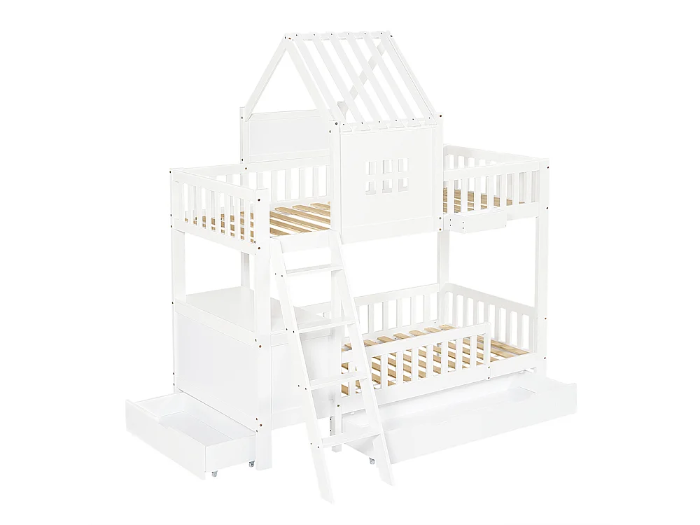 Lit superposé enfant 90x200 deux tiroirs roulettes toit fenêtre table lecture panier rangement pin MDF contreplaqué blanc