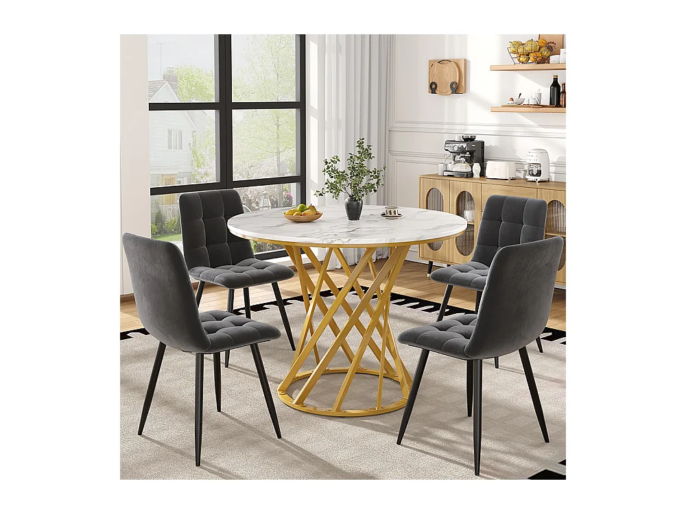 Ensemble table à manger 5 pièces 4 chaises moderne table ronde 80cm pieds dorés plateau blanc chaises velours gris foncé