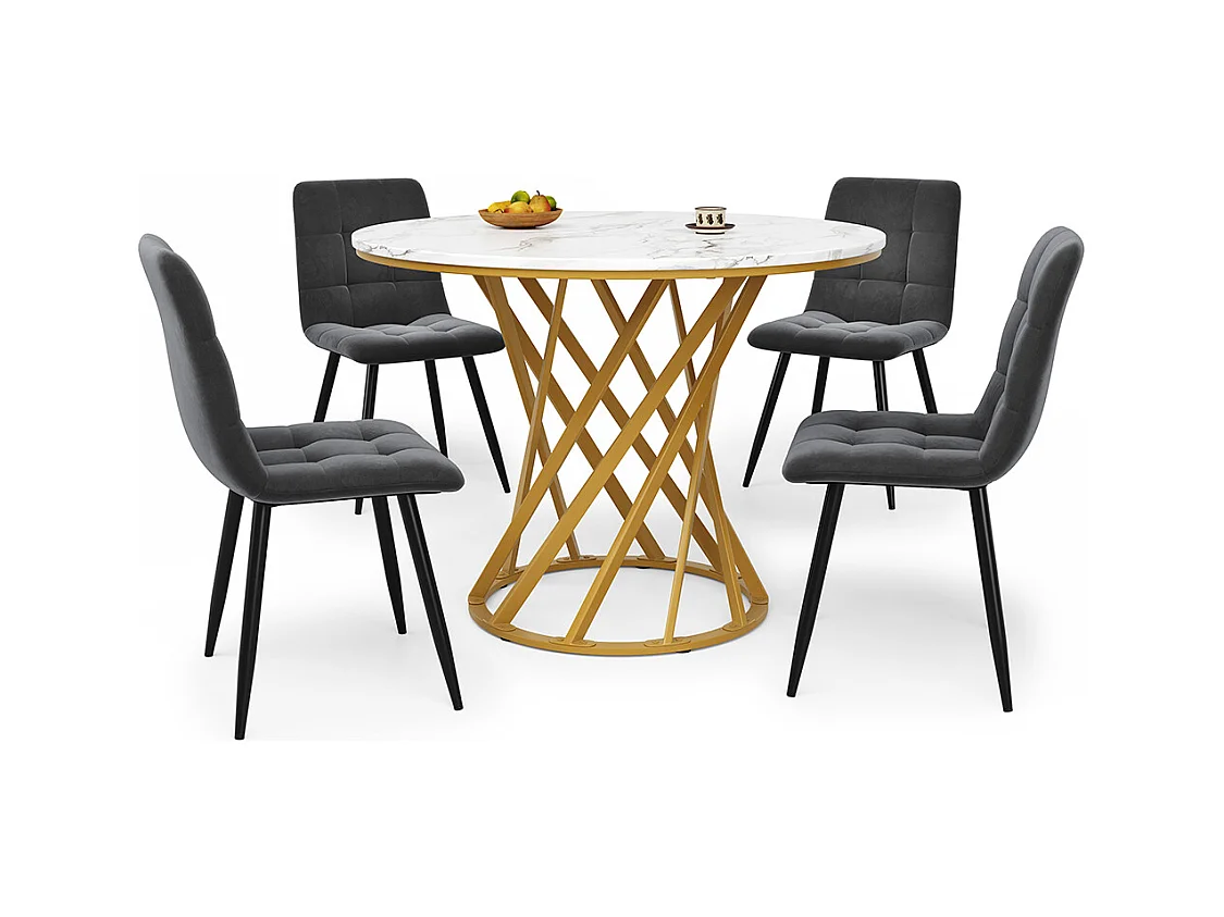 Ensemble table à manger 5 pièces 4 chaises moderne table ronde 80cm pieds dorés plateau blanc chaises velours gris foncé