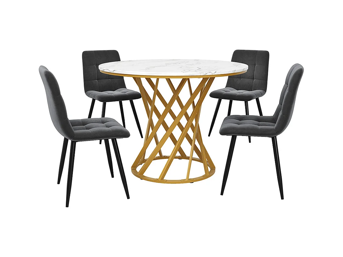 Ensemble table à manger 5 pièces 4 chaises moderne table ronde 80cm pieds dorés plateau blanc chaises velours gris foncé