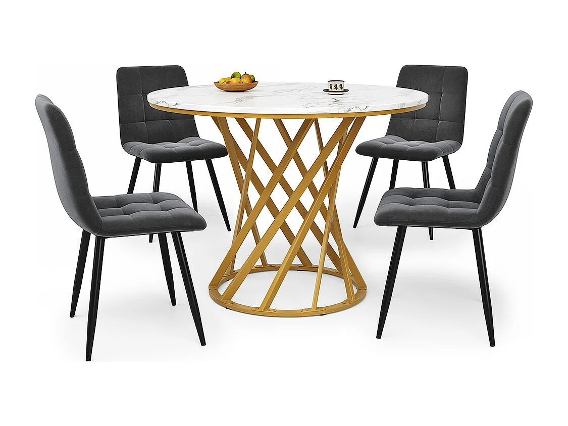 Ensemble table à manger 5 pièces 4 chaises moderne table ronde 80cm pieds dorés plateau blanc chaises velours gris foncé