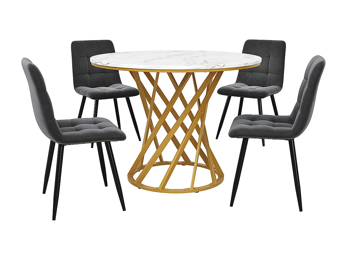 Ensemble table à manger 5 pièces 4 chaises moderne table ronde 80cm pieds dorés plateau blanc chaises velours gris foncé