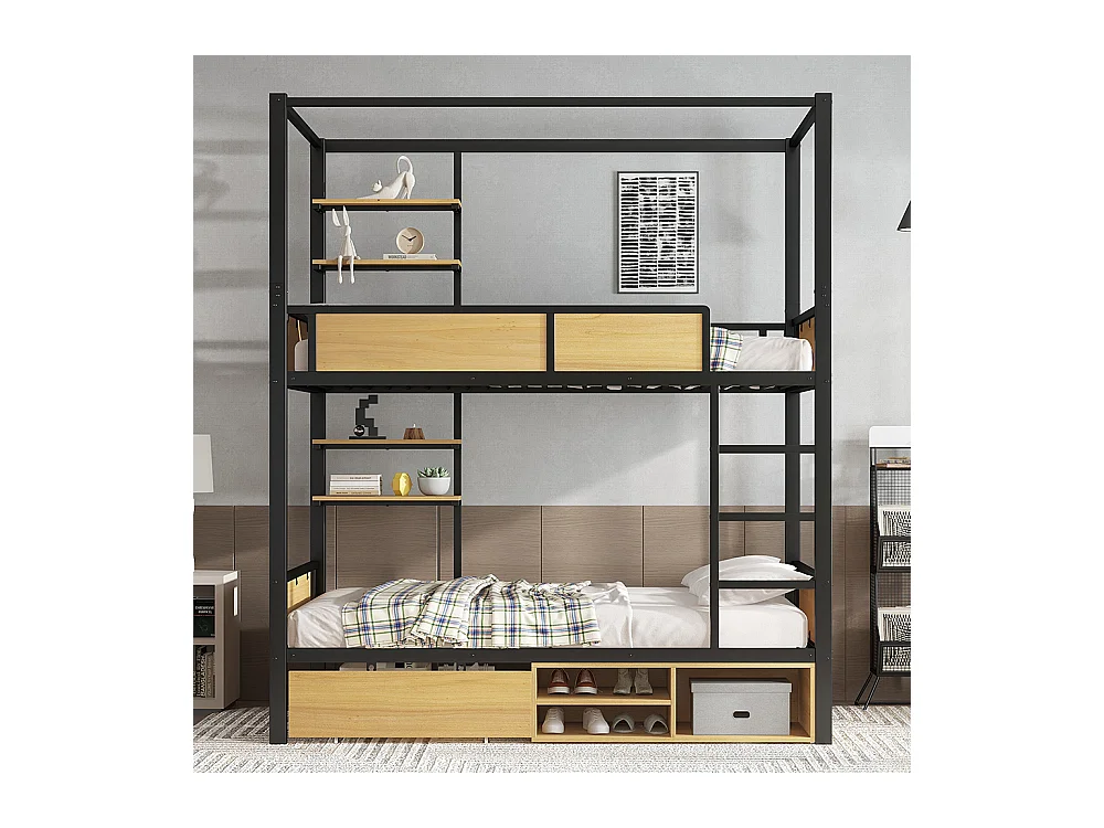 Lit superposé en fer 90x200 double tablette rangement barrières échelles stables espace rangement sous lit rideau fixable au supérieur noir et naturel