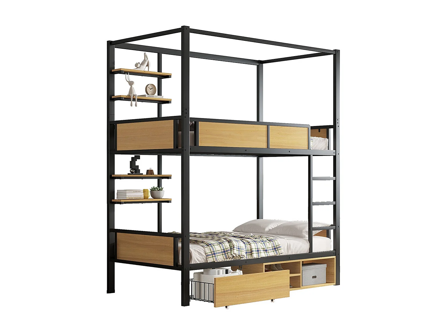 Lit superposé en fer 90x200 double tablette rangement barrières échelles stables espace rangement sous lit rideau fixable au supérieur noir et naturel