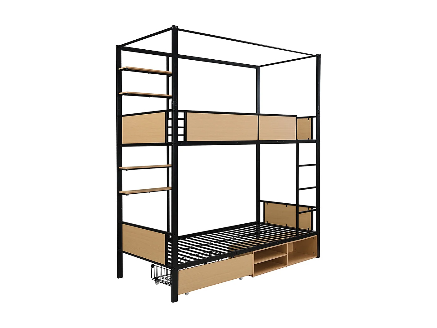 Lit superposé en fer 90x200 double tablette rangement barrières échelles stables espace rangement sous lit rideau fixable au supérieur noir et naturel