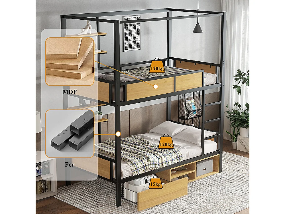Lit superposé en fer 90x200 double tablette rangement barrières échelles stables espace rangement sous lit rideau fixable au supérieur noir et naturel