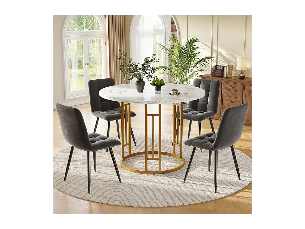 Ensemble table à manger 5 pièces 4 chaises moderne table ronde 80cm pieds dorés plateau marbré chaises velours gris