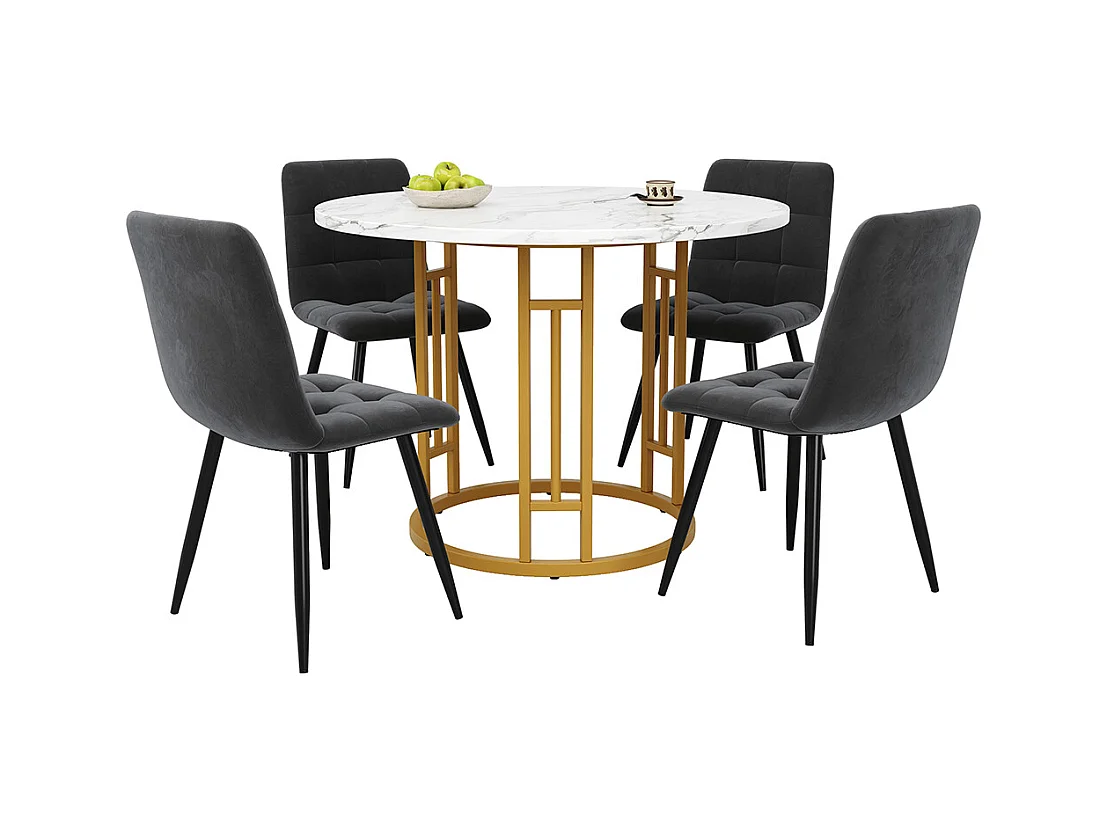 Ensemble table à manger 5 pièces 4 chaises moderne table ronde 80cm pieds dorés plateau marbré chaises velours gris