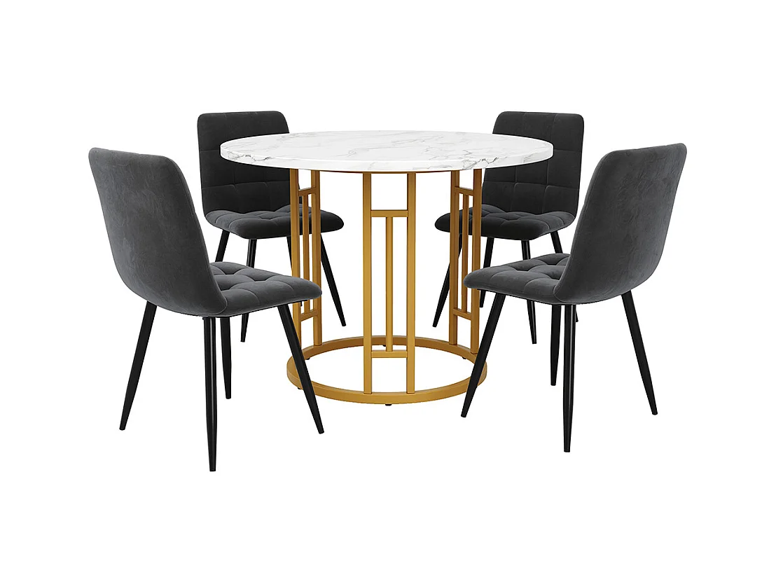 Ensemble table à manger 5 pièces 4 chaises moderne table ronde 80cm pieds dorés plateau marbré chaises velours gris