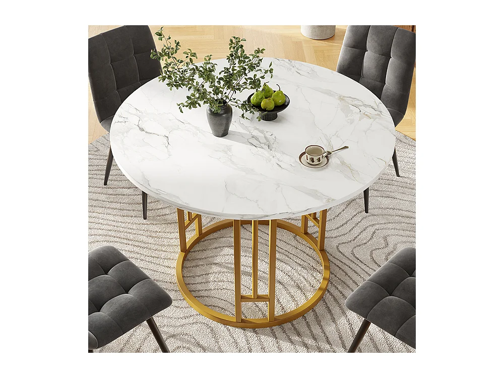 Ensemble table à manger 5 pièces 4 chaises moderne table ronde 80cm pieds dorés plateau marbré chaises velours gris