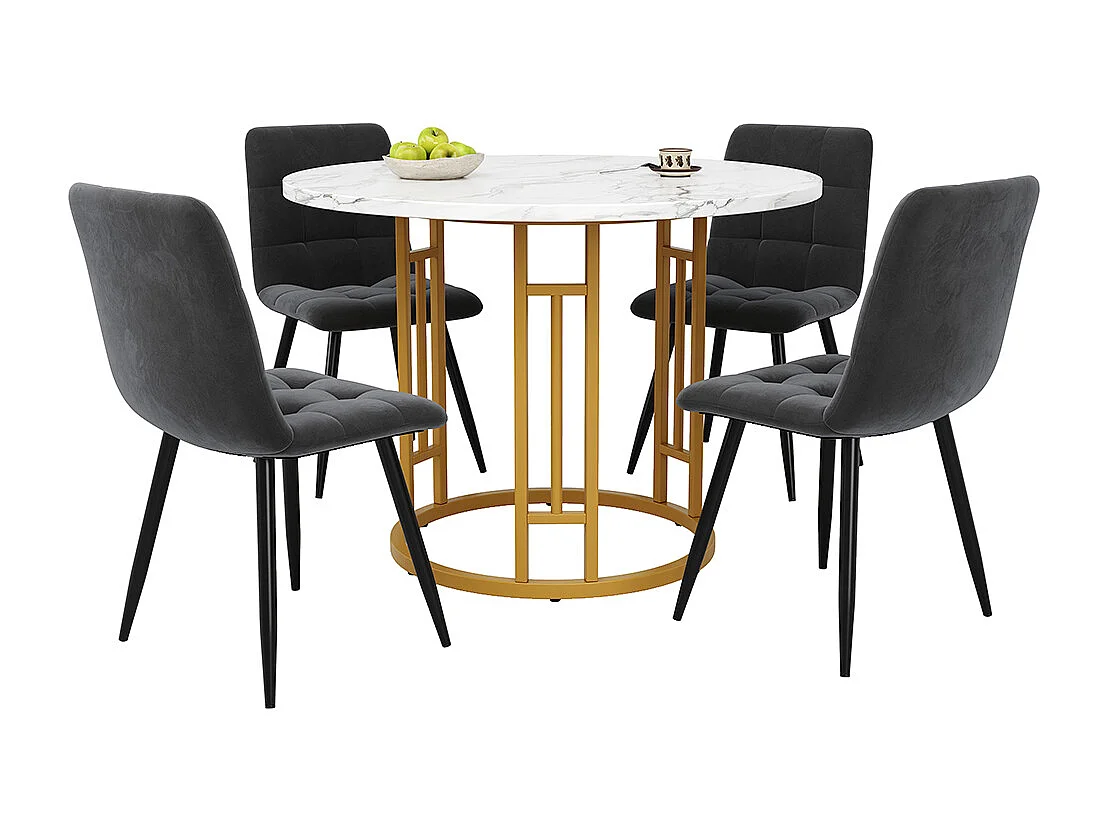 Ensemble table à manger 5 pièces 4 chaises moderne table ronde 80cm pieds dorés plateau marbré chaises velours gris