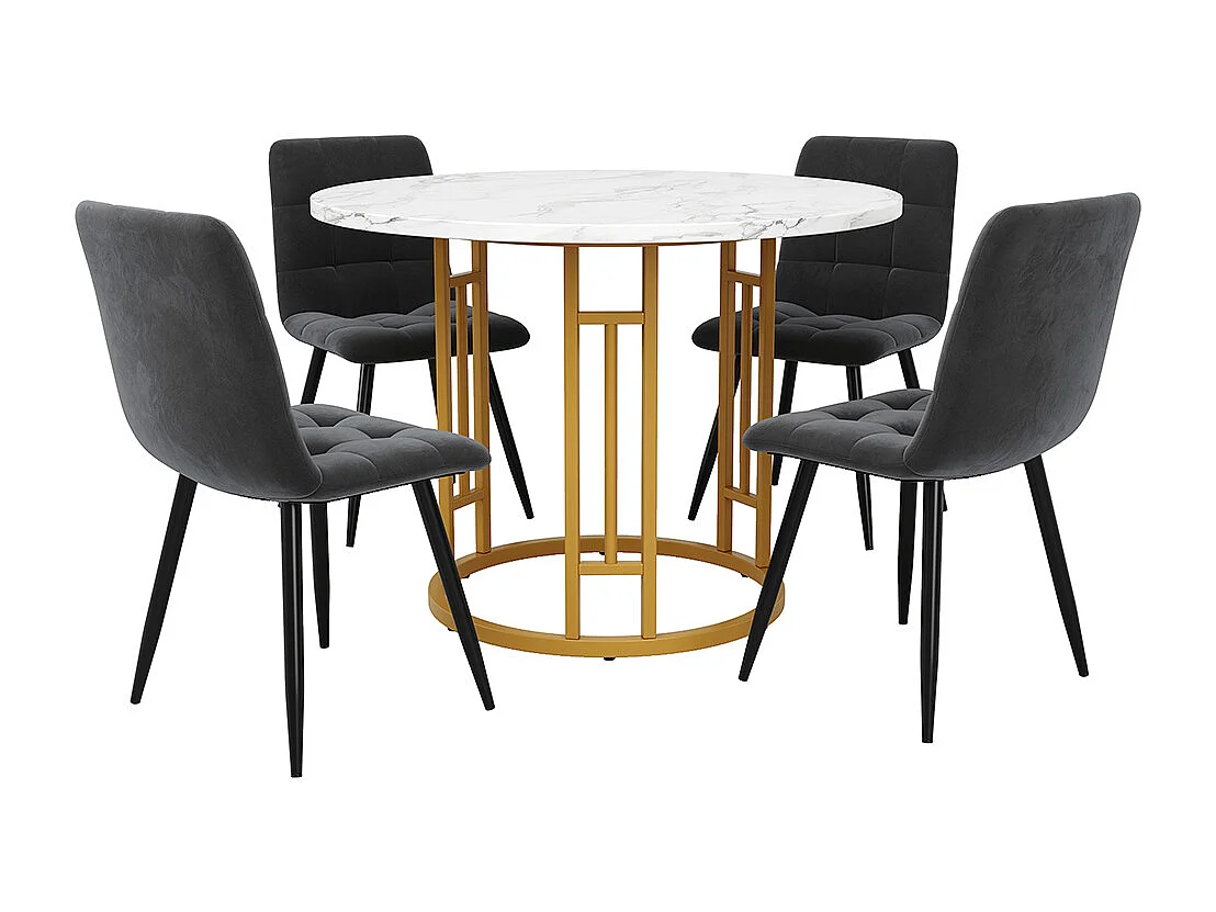 Ensemble table à manger 5 pièces 4 chaises moderne table ronde 80cm pieds dorés plateau marbré chaises velours gris