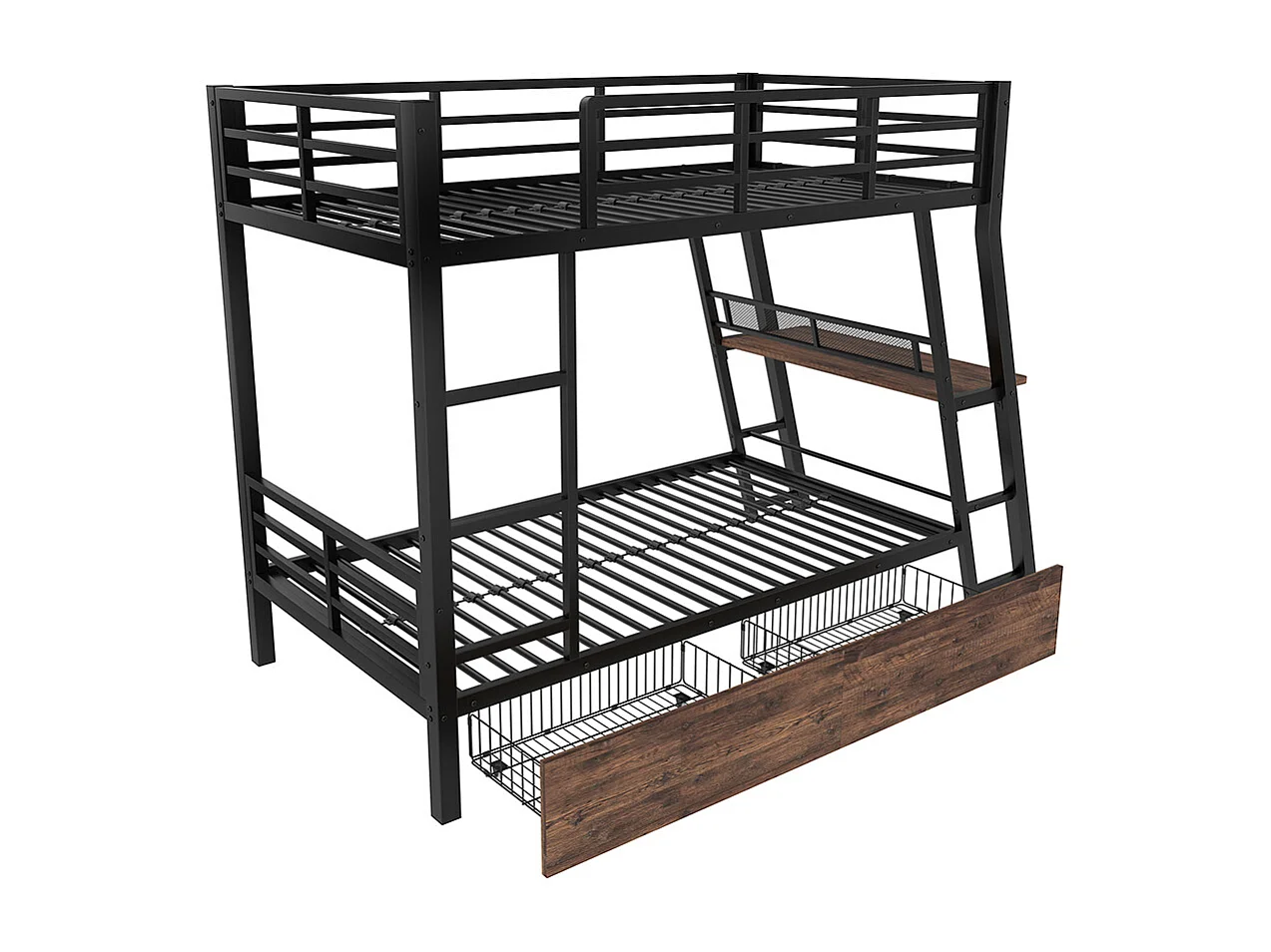 Lit superposé enfant 90x200 cm cadre en fer bande LED tiroirs garde-corps escalier bureau sans matelas noir